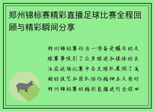 郑州锦标赛精彩直播足球比赛全程回顾与精彩瞬间分享
